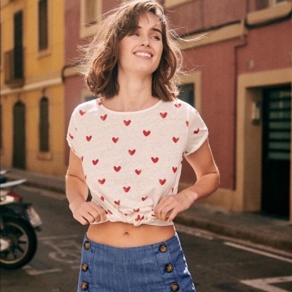 Sezane Tops - Sezane ANDRE T-SHIRT in linen hearts print Xs white/red